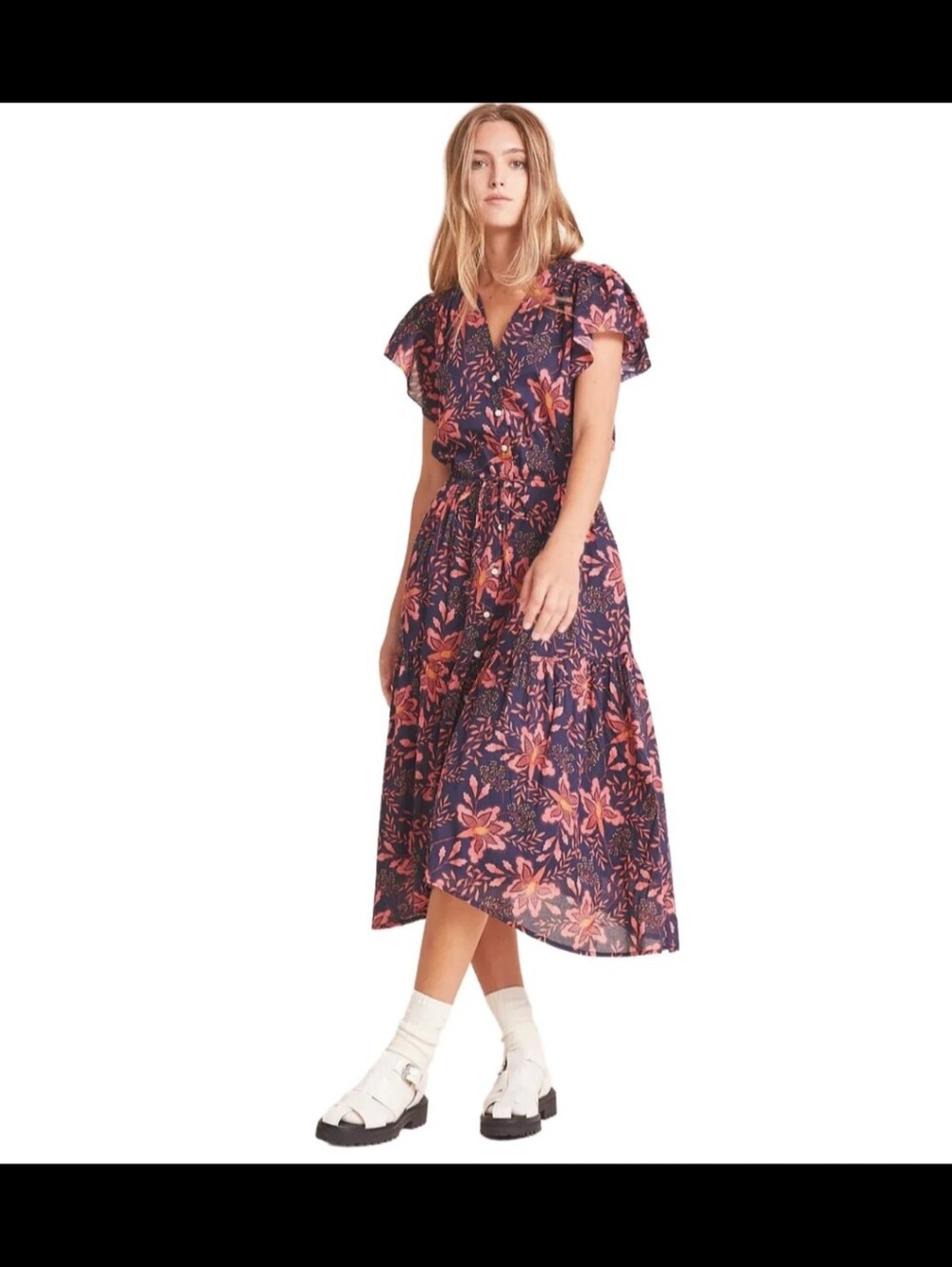 Trovata Navy Midi Dress with Pink Floral Print